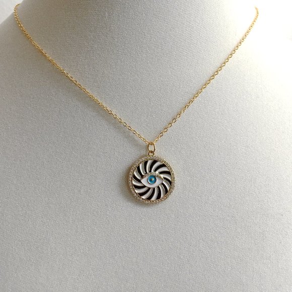 Gold Plated Evil Eye Cubic Zirconia Black White Enamel Charm Pendant Necklace - Picture 4 of 8